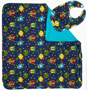 AnnLoren Baby Toddler Boy Space Ship Blanket & Bib Gift Set 2 Pc Knit Cotton