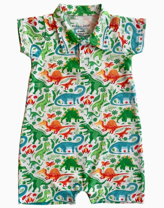 AnnLoren Dinosaur Short Sleeve Collar Baby/Toddler Boys Romper