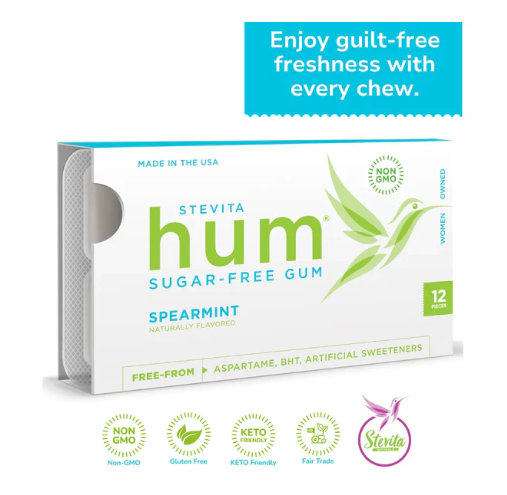 Stevita Hum, Spearmint - Sugar-Free Gum - 12 Pieces, Single Pack - Supports Oral Health - Non-GMO, Vegetarian, Keto, Gluten Free