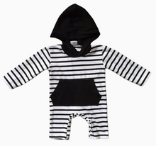 Load image into Gallery viewer, AnnLoren Baby Boys Black &amp; White Striped Hoodie Romper Cotton Long Sleeve
