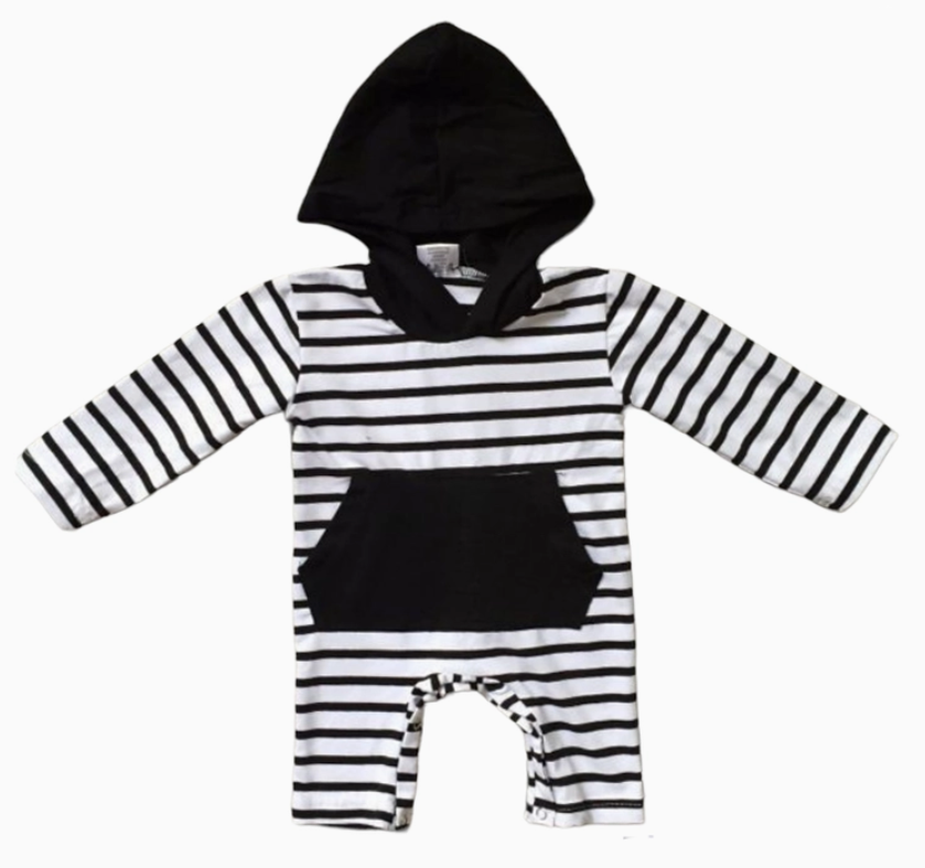 AnnLoren Baby Boys Black & White Striped Hoodie Romper Cotton Long Sleeve