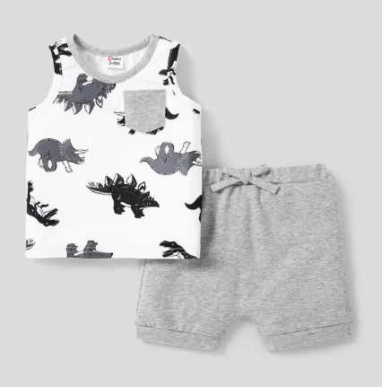 PatPat 2PCS Baby Boy Dinosaur Sleeveless Shirt & Shorts Set (Gray)