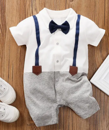 PatPat Baby Boy Gentleman Faux-Two Overalls Romper with Bowtie (Gray)